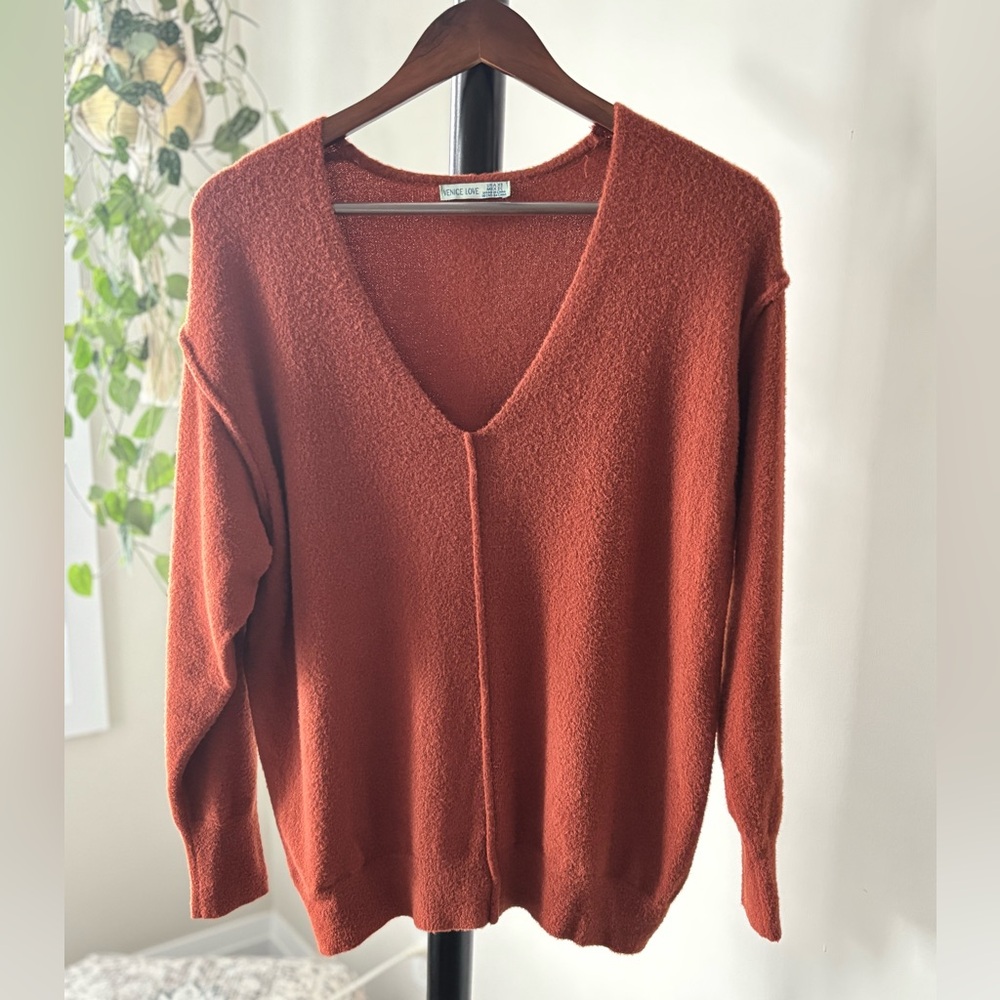 Venice Love Burnt Orange V-Neck Sweater Soft Knit Oversized